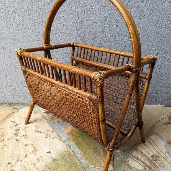 Vintage Newspaper and Magazine Rack Made of Bamboo / Rattan and Cane Panel